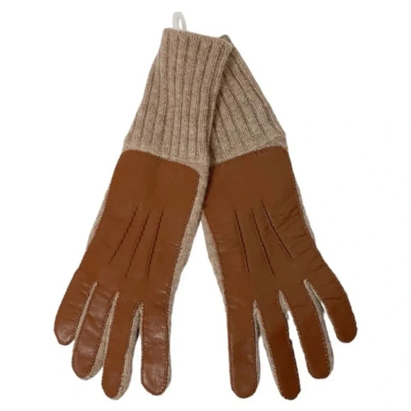 Frye Leather Patch Knit  Lambs Wool Gloves Logo Cognac Brown Tan - Picture 1 of 1